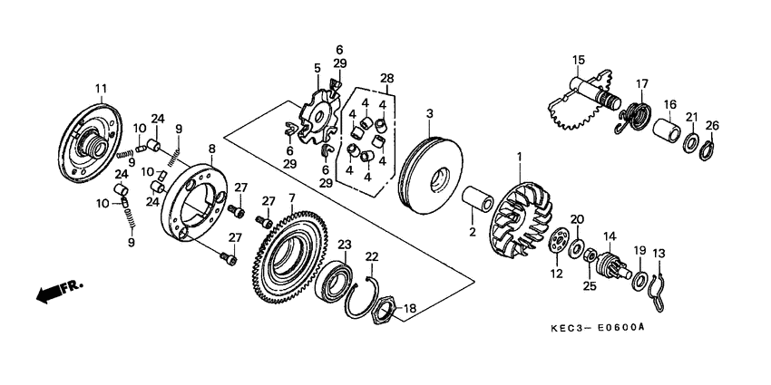 Drive face/ kick starter spindle