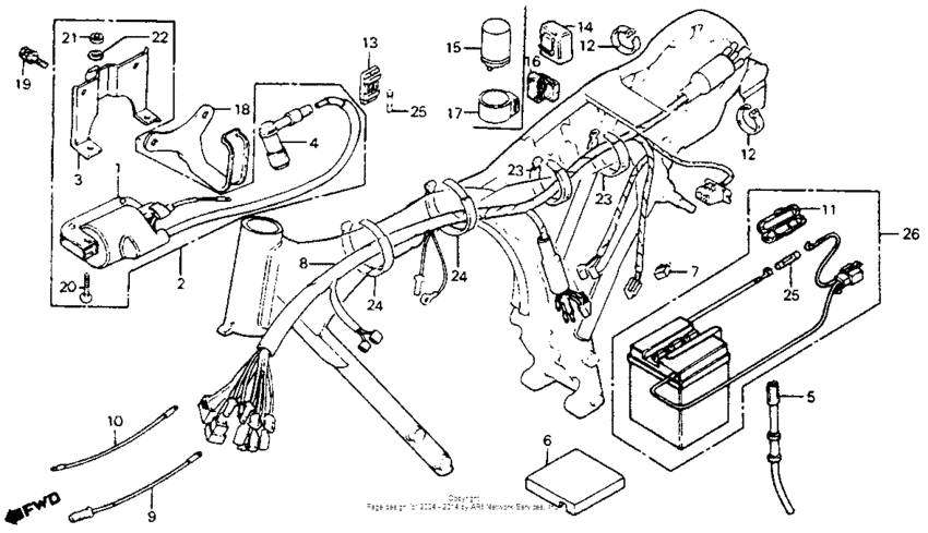 Wire harness + ignition coil + battery