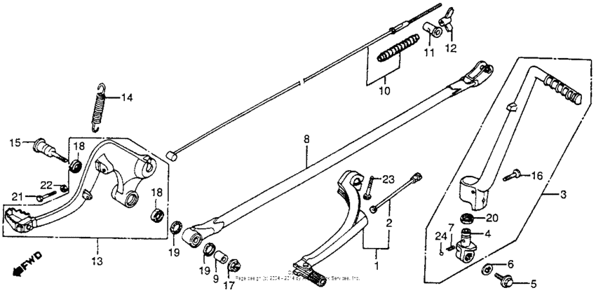 Gearshift pedal + brake pedal + kick starter arm 82