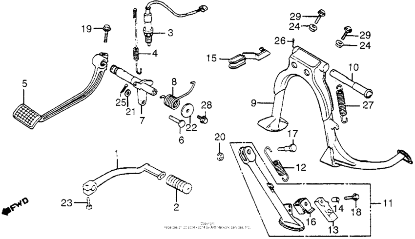 Gearshift pedal + brake pedal + stands