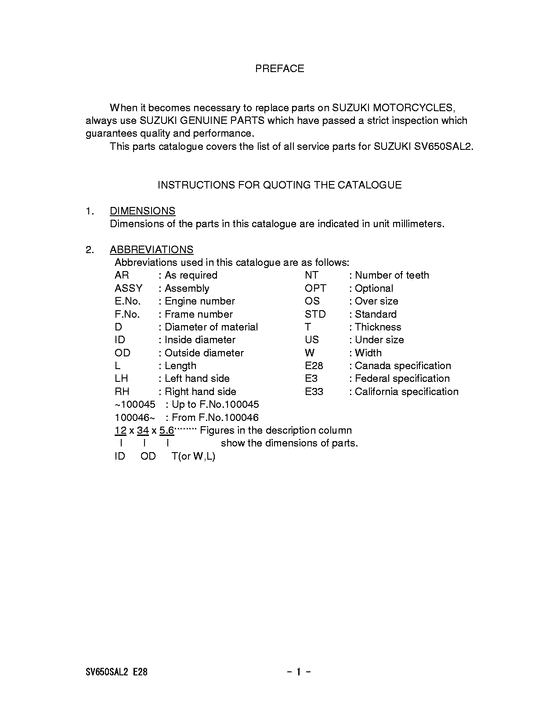 SV650 (ABS) Catalog preface