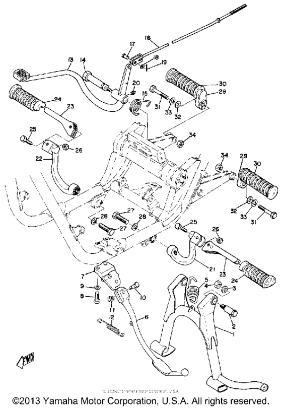 Stand, foot rest and rear brake pedal