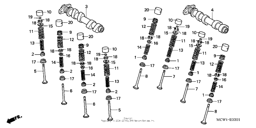 Camshaft + valve (rr.)