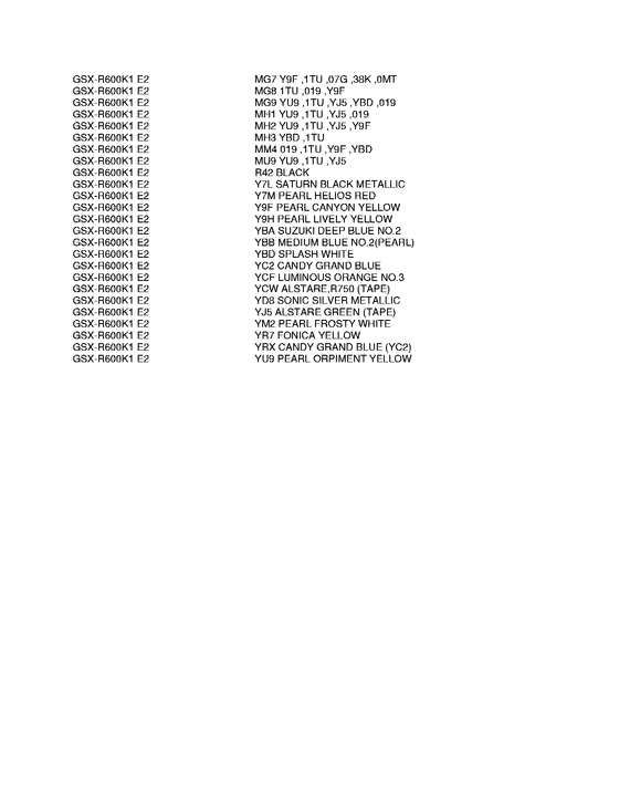 GSX-R600U1 Color chart