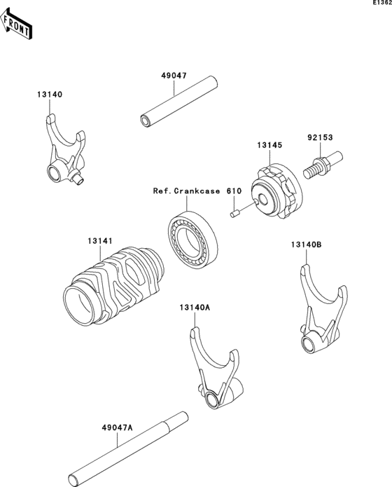 KX125 Валы и вилки переключения передач