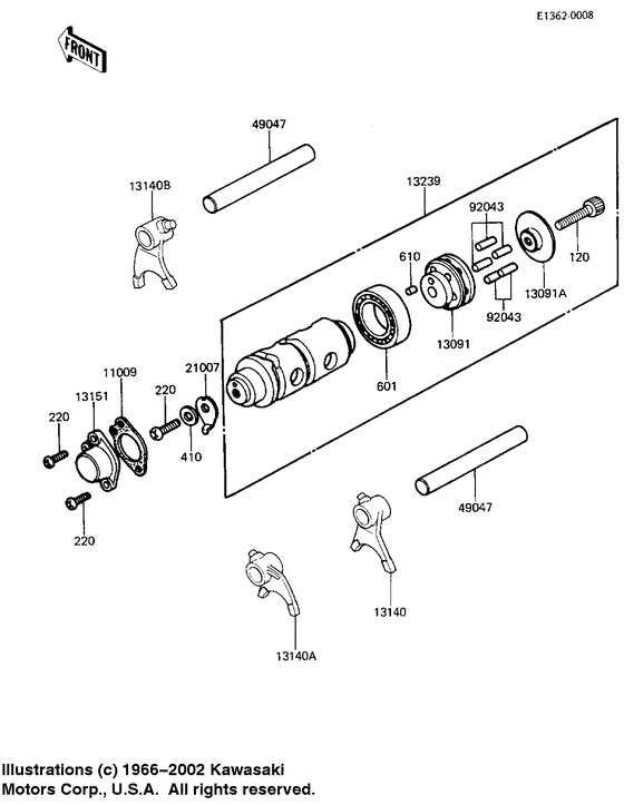 KE100 Gear change drum & forks