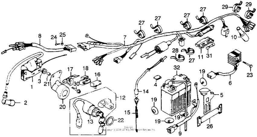 Wire harness + ignition coil + battery