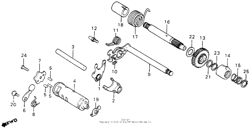 Gearshift fork + gearshift drum + kick starter spindle 80-82