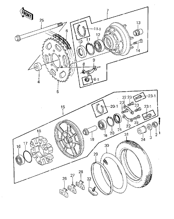 Rear wheel/tire/hub/chain