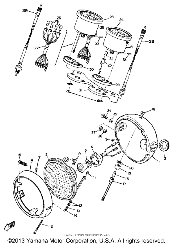 Headlamp, speedometer and tachometer