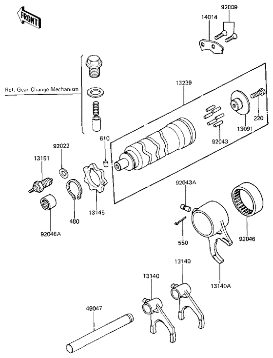 Gear change drum/forks