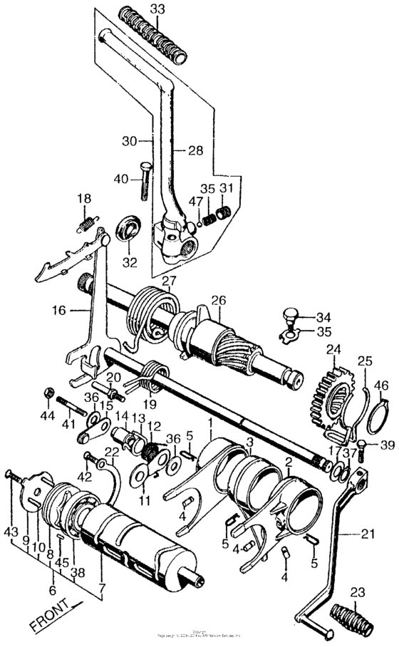 Gearshift drum + kick starter + gearshift spindle