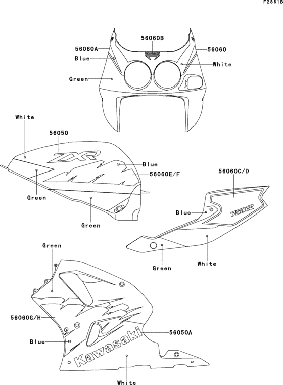 ZX750 Decals(green / white / blue)(zx750-m2)