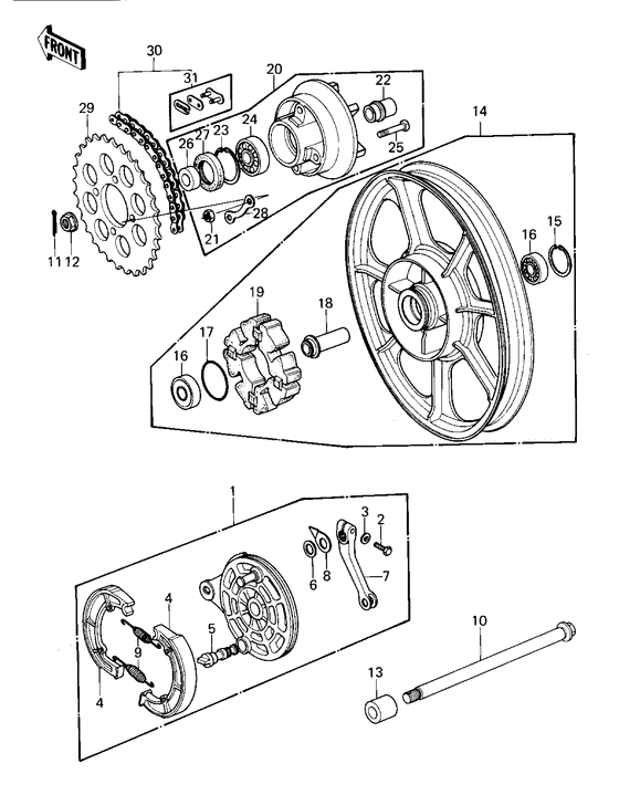 Rear wheel/hub/brake/chain