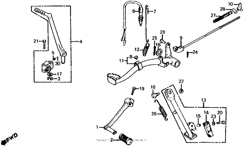 Brake pedal + gearshift pedal + kick starter arm 81-85