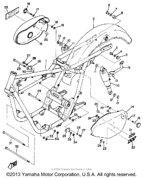 Frame, rear cushion and rear fender