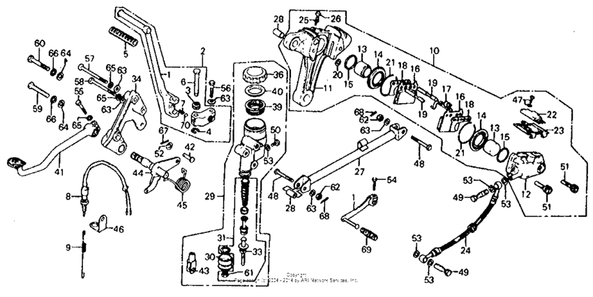 Rear master cylinder + rear brake caliper + gearshift pedal
